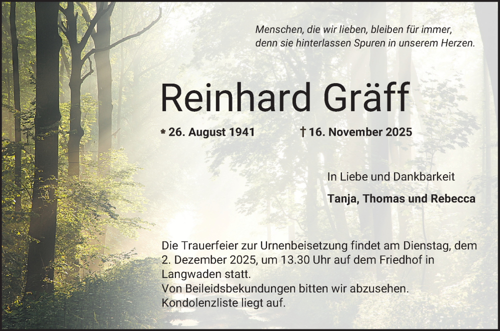  Traueranzeige für Reinhard Gräff vom 29.11.2025 aus Bergsträßer Anzeiger