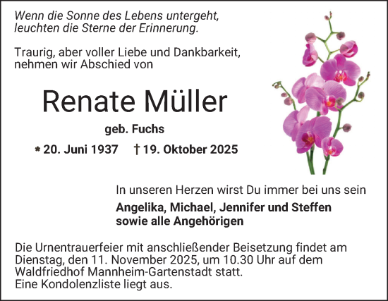 Traueranzeige von Renate Müller von Mannheimer Morgen