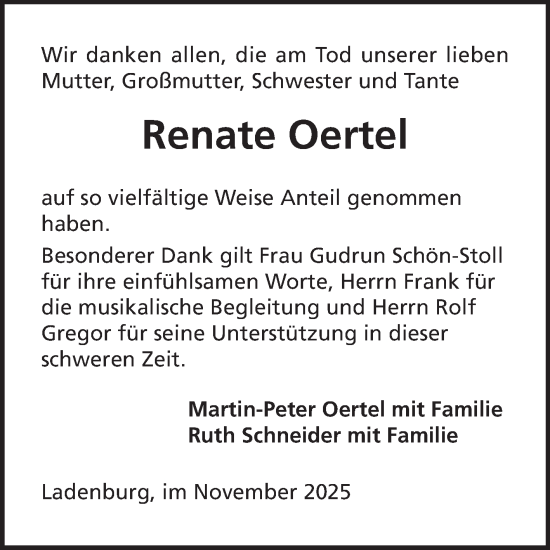 Traueranzeige von Renate Oertel von Mannheimer Morgen