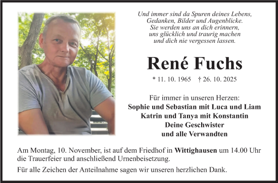 Traueranzeige von René Fuchs von Fränkische Nachrichten