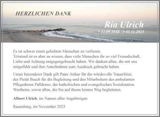 Traueranzeige von Ria Ulrich von Fränkische Nachrichten
