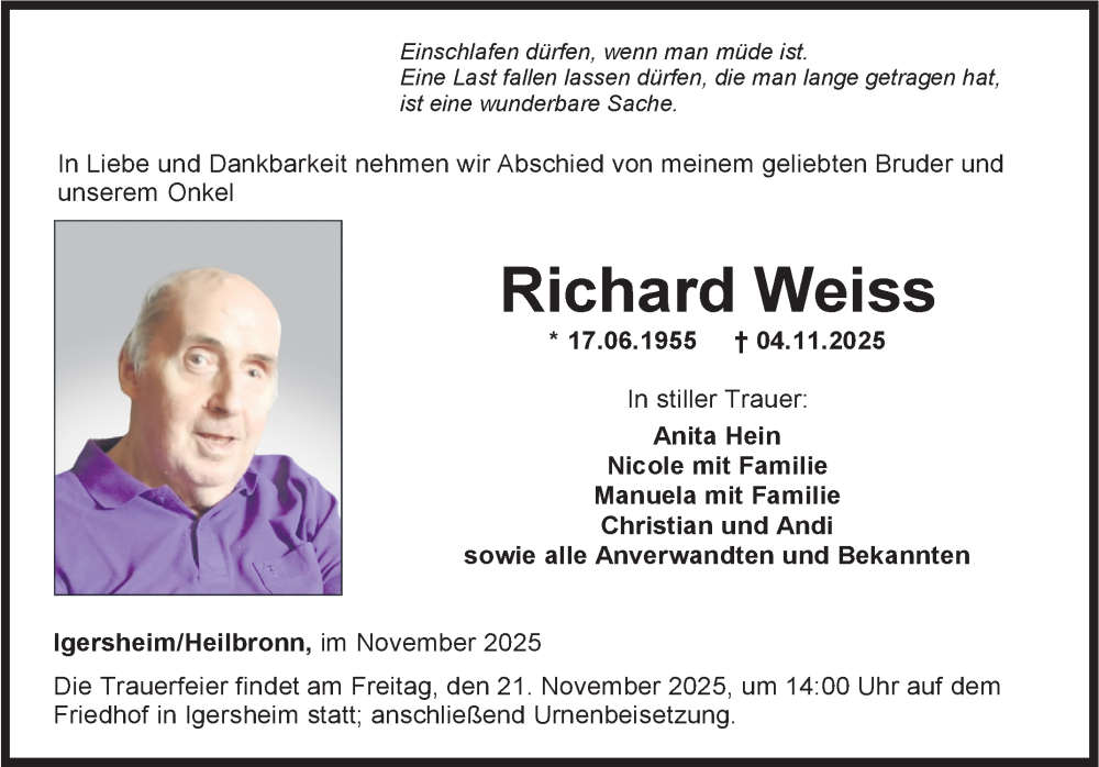  Traueranzeige für Richard Weiss vom 18.11.2025 aus Fränkische Nachrichten