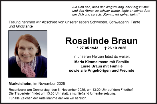 Traueranzeige von Rosalinde Braun von Fränkische Nachrichten
