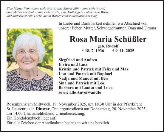 Traueranzeige von Rosa Maria Schüßler von Fränkische Nachrichten