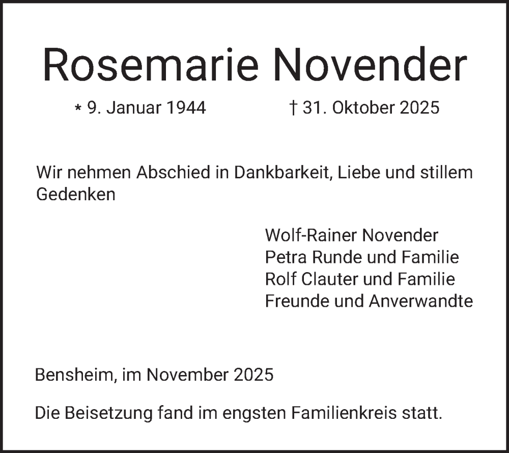  Traueranzeige für Rosemarie Novender vom 15.11.2025 aus Bergsträßer Anzeiger