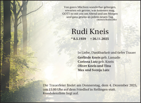 Traueranzeige von Rudi Kneis von Schwetzinger Zeitung