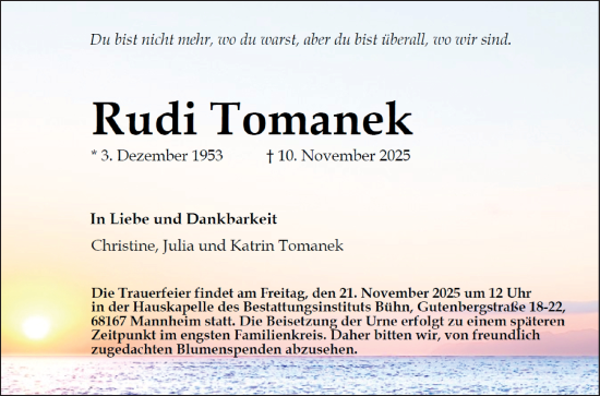 Traueranzeige von Rudi Tomanek von Mannheimer Morgen