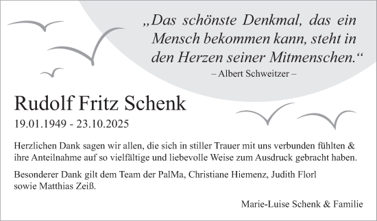 Traueranzeige von Rudolf Fritz Schenk von Mannheimer Morgen