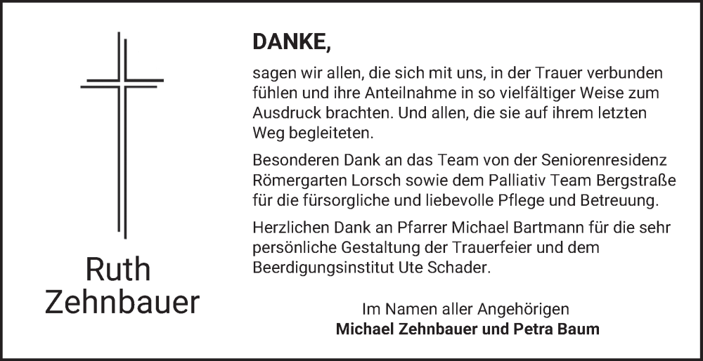  Traueranzeige für Ruth Zehnbauer vom 22.11.2025 aus Bergsträßer Anzeiger