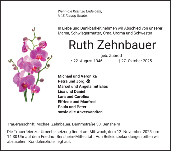 Traueranzeige von Ruth Zehnbauer von Bergsträßer Anzeiger