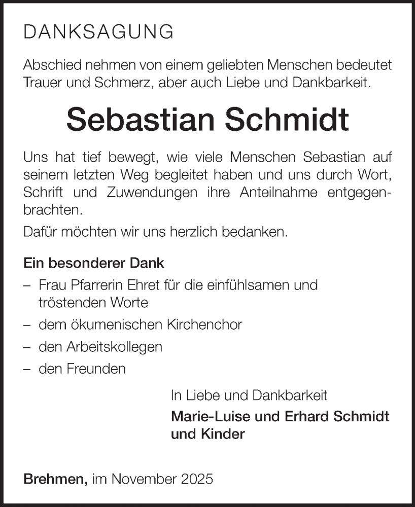  Traueranzeige für Sebastian Schmidt vom 15.11.2025 aus Fränkische Nachrichten