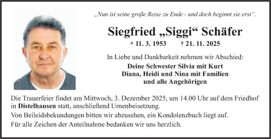 Traueranzeige von Siegfried Schäfer von Fränkische Nachrichten