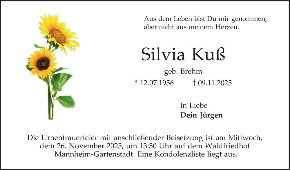  Traueranzeige für Silvia Kuß vom 22.11.2025 aus Mannheimer Morgen