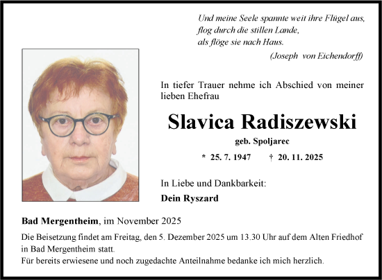 Traueranzeige von Slavica Radiszewski von Fränkische Nachrichten
