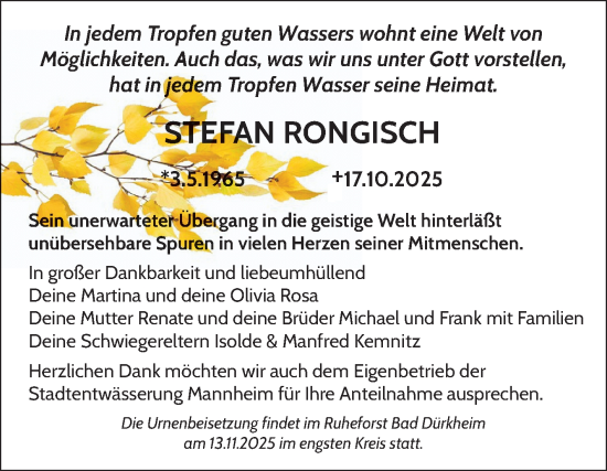 Traueranzeige von Stefan Rongisch von Mannheimer Morgen
