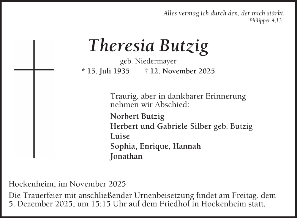  Traueranzeige für Theresia Butzig vom 29.11.2025 aus Schwetzinger Zeitung