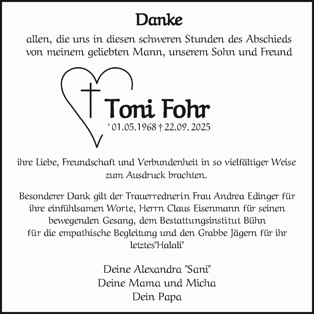  Traueranzeige für Toni Fohr vom 08.11.2025 aus Mannheimer Morgen