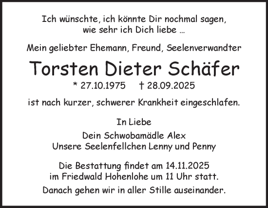 Traueranzeige von Torsten Dieter Schäfer von Fränkische Nachrichten
