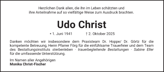 Traueranzeige von Udo Christ von Bergsträßer Anzeiger