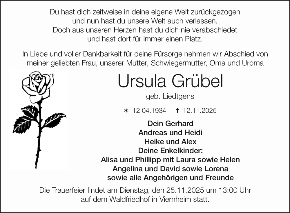  Traueranzeige für Ursula Grübel vom 22.11.2025 aus Mannheimer Morgen