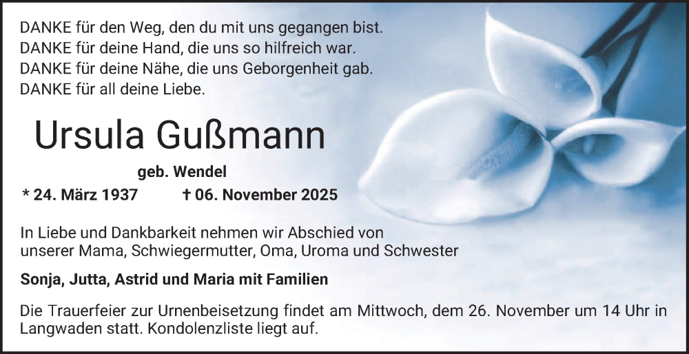  Traueranzeige für Ursula Gußmann vom 22.11.2025 aus Bergsträßer Anzeiger