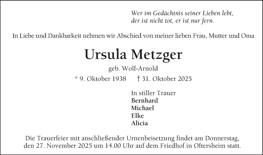  Traueranzeige für Ursula Metzger vom 22.11.2025 aus Schwetzinger Zeitung