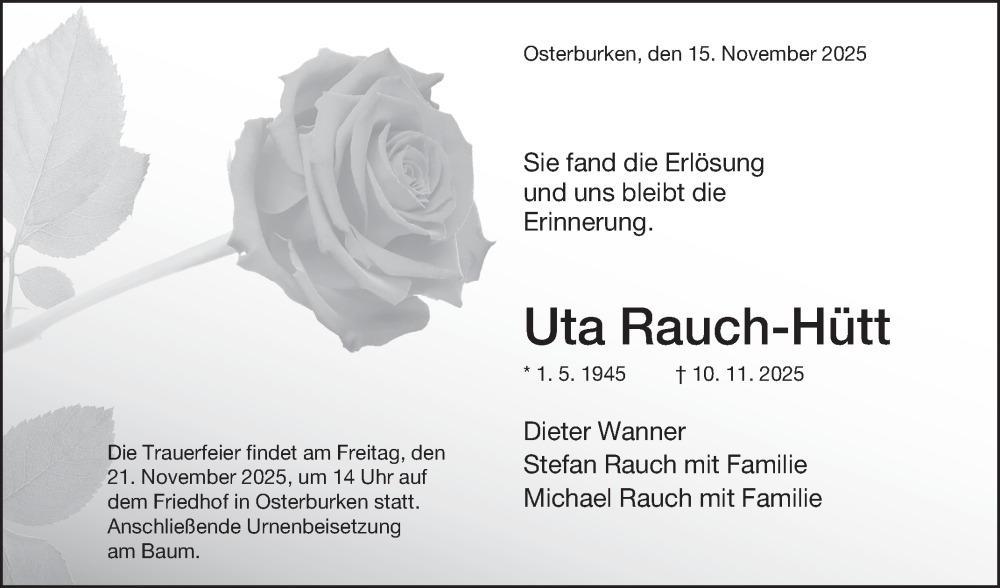  Traueranzeige für Uta Rauch-Hütt vom 15.11.2025 aus Fränkische Nachrichten