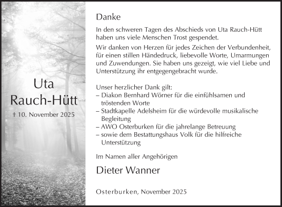Traueranzeige von Uta Rauch-Hütt von Fränkische Nachrichten