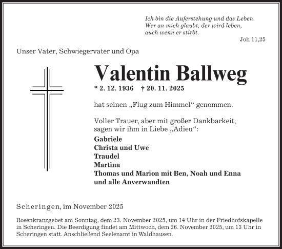 Traueranzeige von Valentin Ballweg von Fränkische Nachrichten
