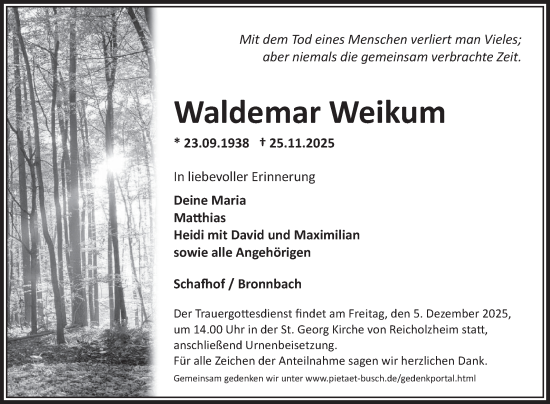 Traueranzeige von Waldemar Weikum von Fränkische Nachrichten
