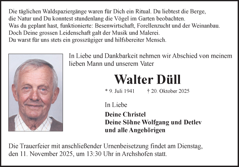  Traueranzeige für Walter Düll vom 07.11.2025 aus Fränkische Nachrichten