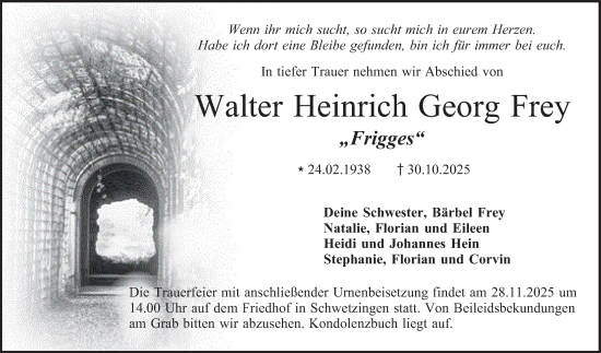 Traueranzeige von Walter Heinrich Georg Frey von Schwetzinger Zeitung