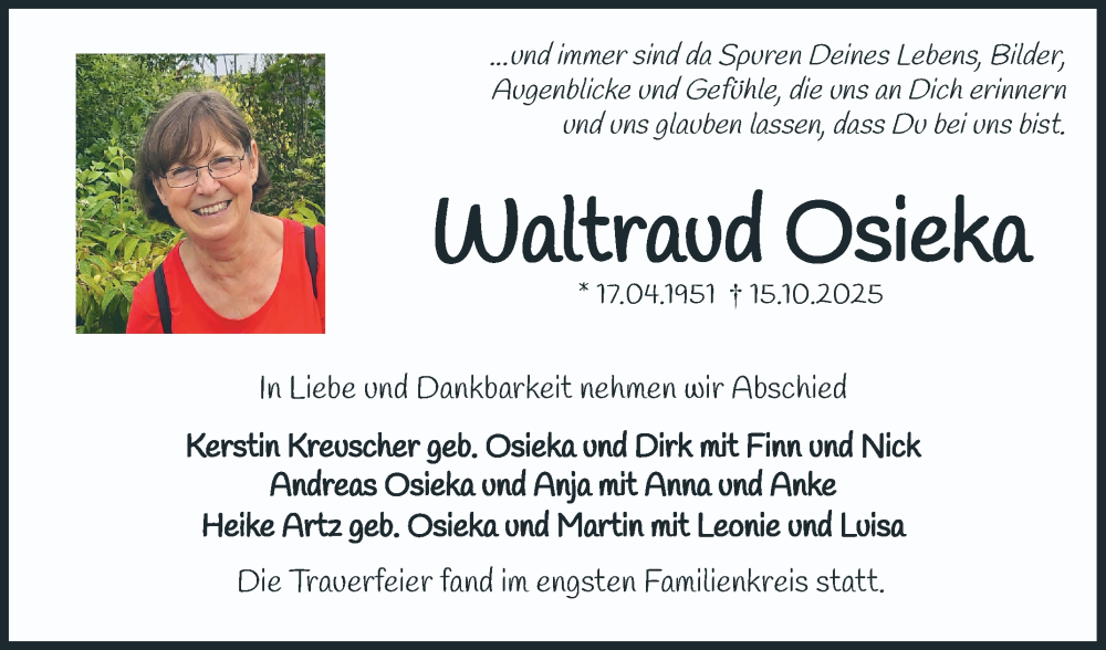  Traueranzeige für Waltraud Osieka vom 15.11.2025 aus Mannheimer Morgen