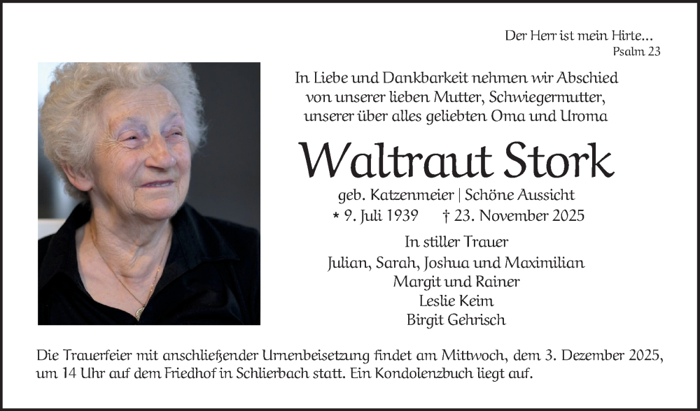  Traueranzeige für Waltraut Stork vom 28.11.2025 aus Bergsträßer Anzeiger