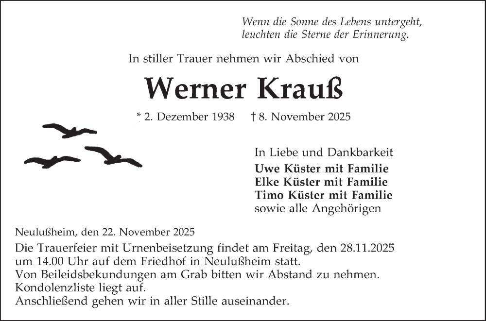  Traueranzeige für Werner Krauß vom 22.11.2025 aus Schwetzinger Zeitung