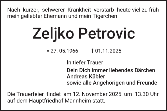 Traueranzeige von Zeljko Petrovic von Mannheimer Morgen