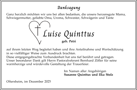 Traueranzeige von Luise Quinttus von Schwetzinger Zeitung