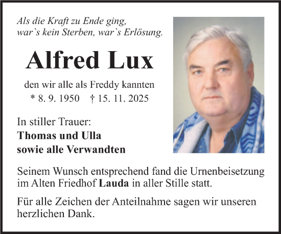 Traueranzeige von Alfred Lux von Fränkische Nachrichten