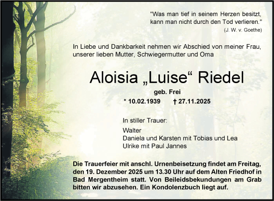 Traueranzeige von Aloisia Riedel von Fränkische Nachrichten