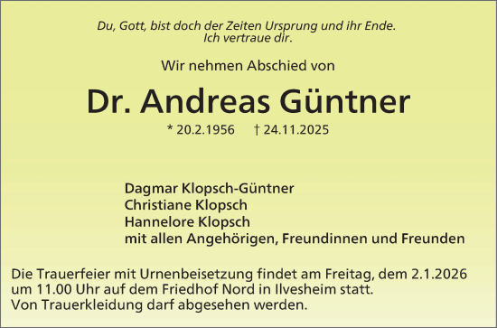 Traueranzeige von Andreas Güntner von Mannheimer Morgen