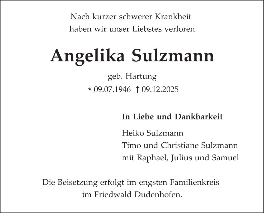  Traueranzeige für Angelika Sulzmann vom 13.12.2025 aus Schwetzinger Zeitung