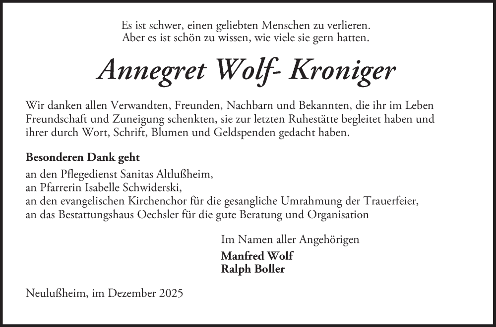  Traueranzeige für Annegret Wolf-Kroniger vom 27.12.2025 aus Schwetzinger Zeitung