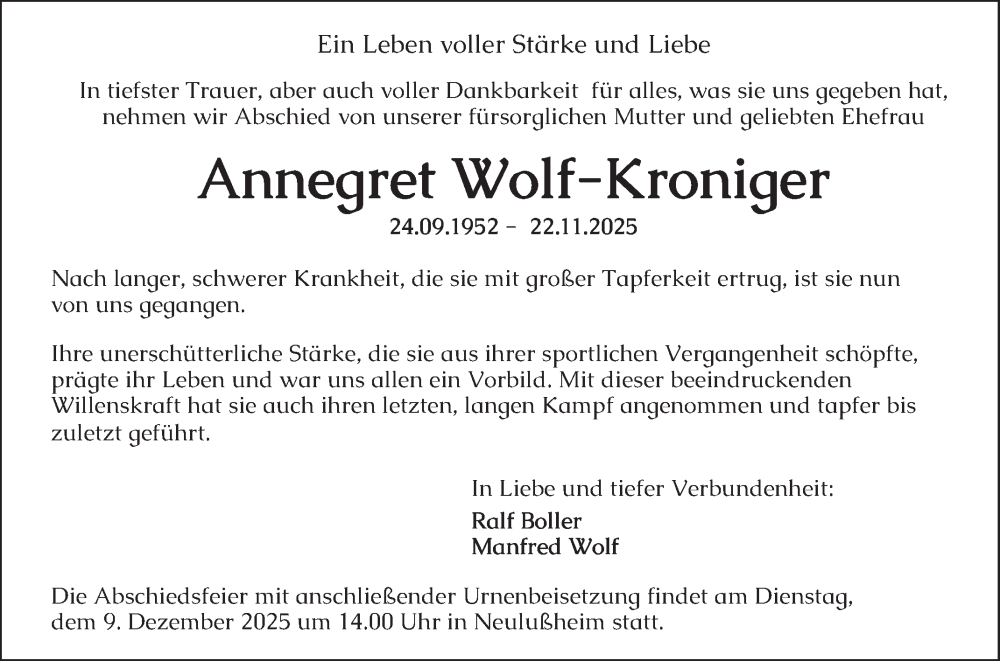  Traueranzeige für Annegret Wolf-Kroniger vom 06.12.2025 aus Schwetzinger Zeitung