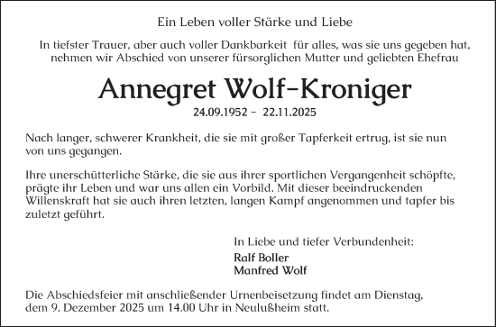 Traueranzeige von Annegret Wolf-Kroniger von Schwetzinger Zeitung