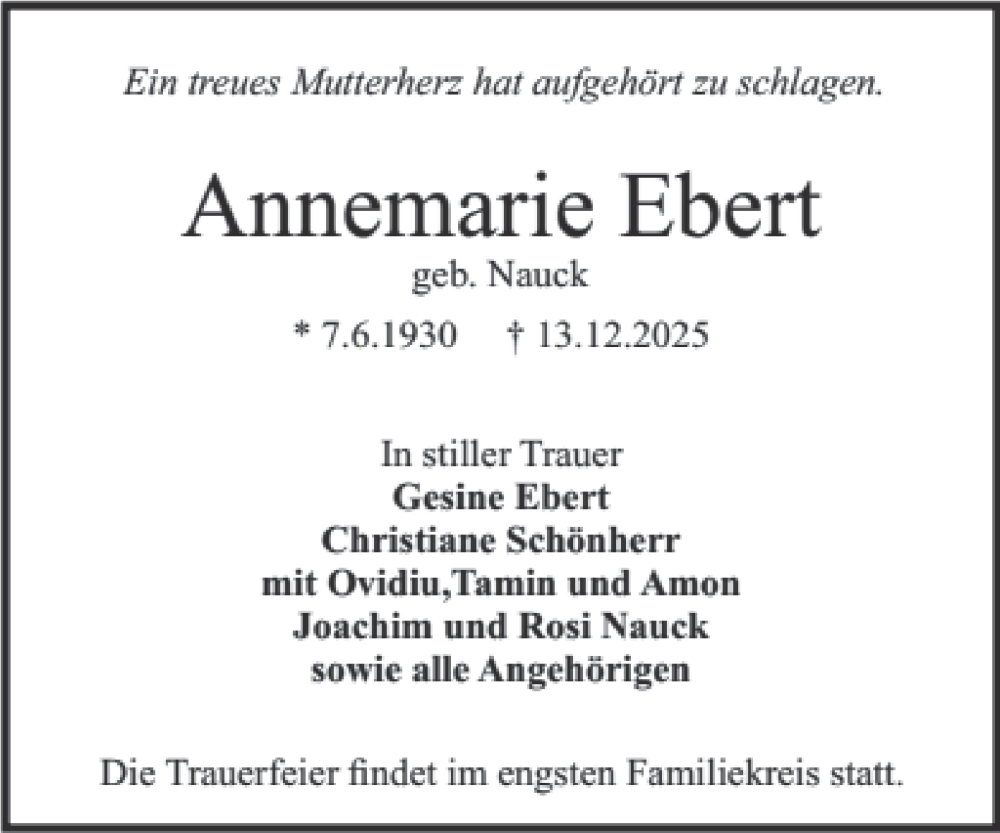  Traueranzeige für Annemarie Ebert vom 20.12.2025 aus Bergsträßer Anzeiger