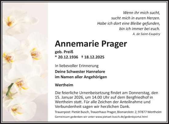 Traueranzeige von Annemarie Prager von Fränkische Nachrichten
