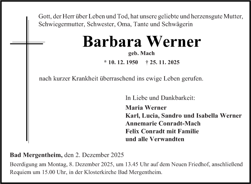  Traueranzeige für Barbara Werner vom 02.12.2025 aus Fränkische Nachrichten