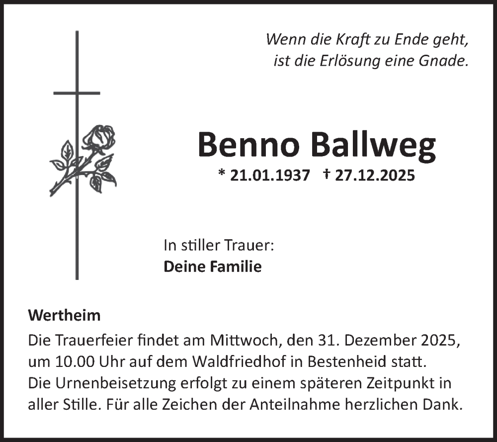  Traueranzeige für Benno Ballweg vom 30.12.2025 aus Fränkische Nachrichten