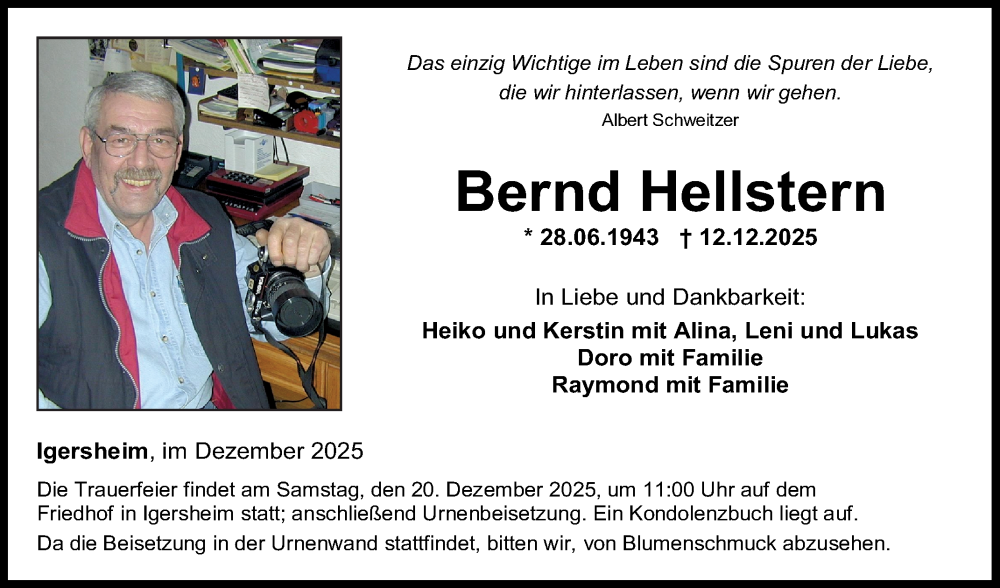  Traueranzeige für Bernd Hellstern vom 17.12.2025 aus Fränkische Nachrichten