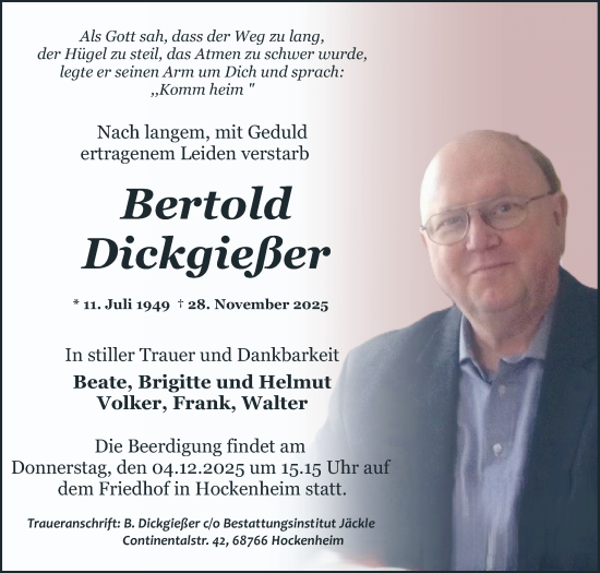 Traueranzeige von Bertold Dickgießer von Schwetzinger Zeitung